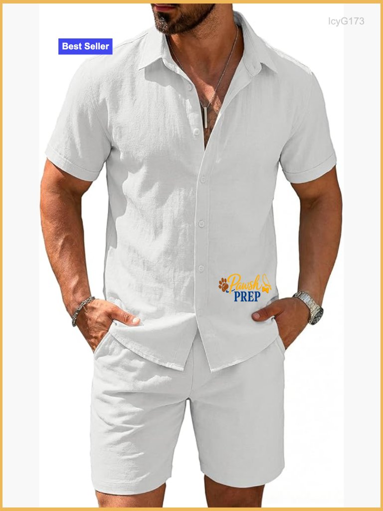 Men's 2 Piece Cotton Linen Short Sleeve Button Down Shirt And Shorts Set